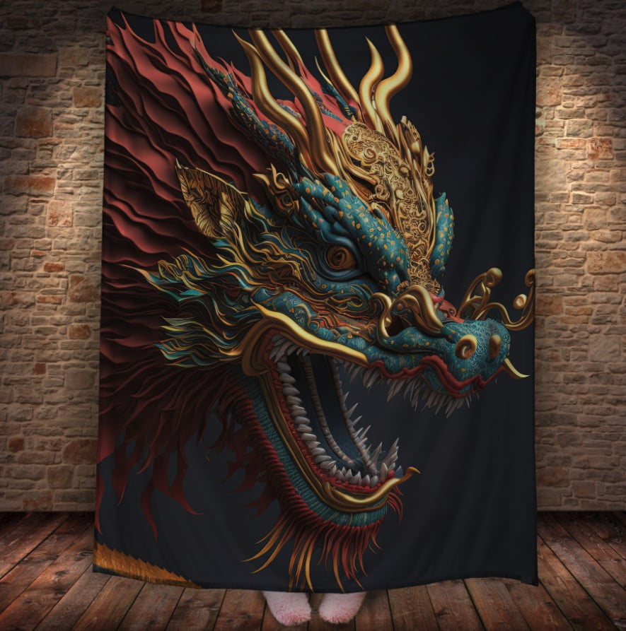 Плед з 3D принтом Реальні великі дракони. Червоно зелений китайський дракон _2