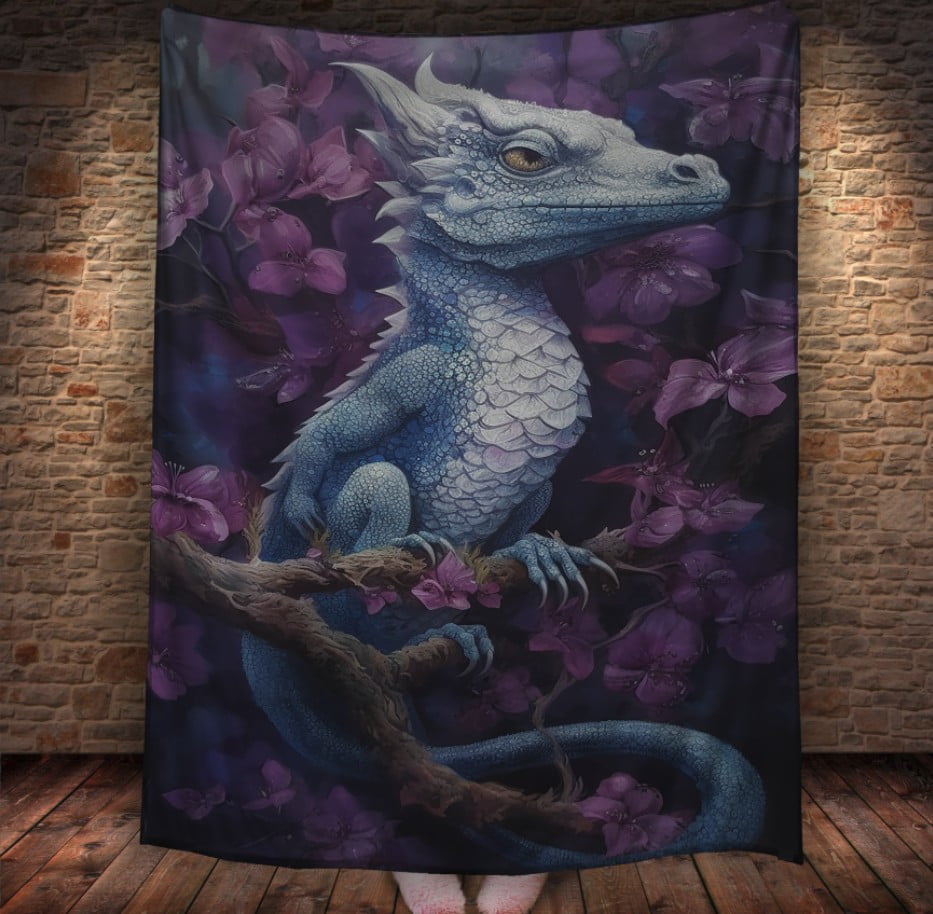 Плед з 3D принтом Реальні великі дракони. Гекодракон в рожевих квітах