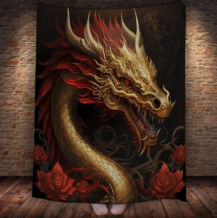Плед з 3D принтом Реальні великі дракони. Червоно золотий дракон