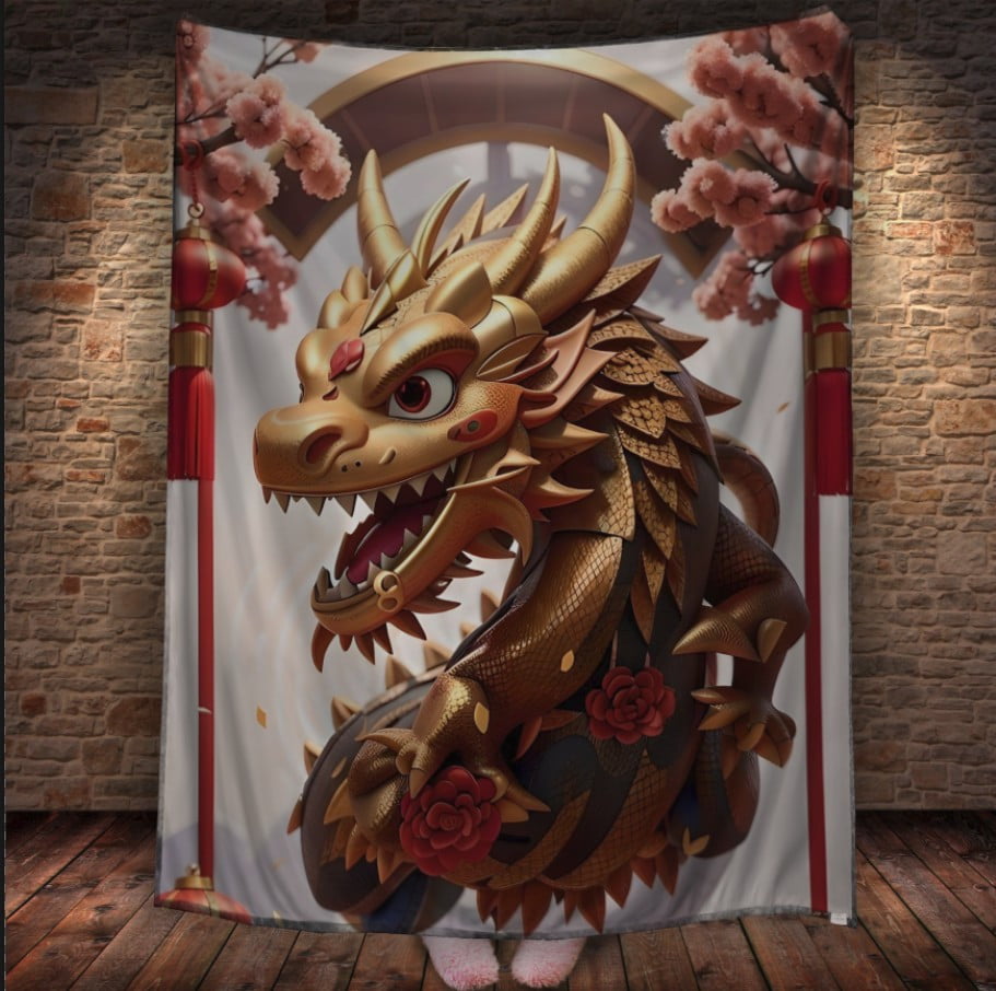 Плед з 3D принтом Реальні великі дракони. Червоно золотий дракон на білому фоні