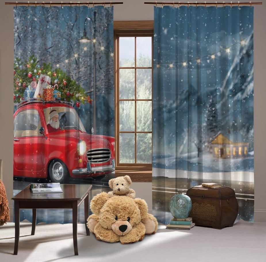 Штори з  3D принтом на тему:Санта у червоному авто з подарунками