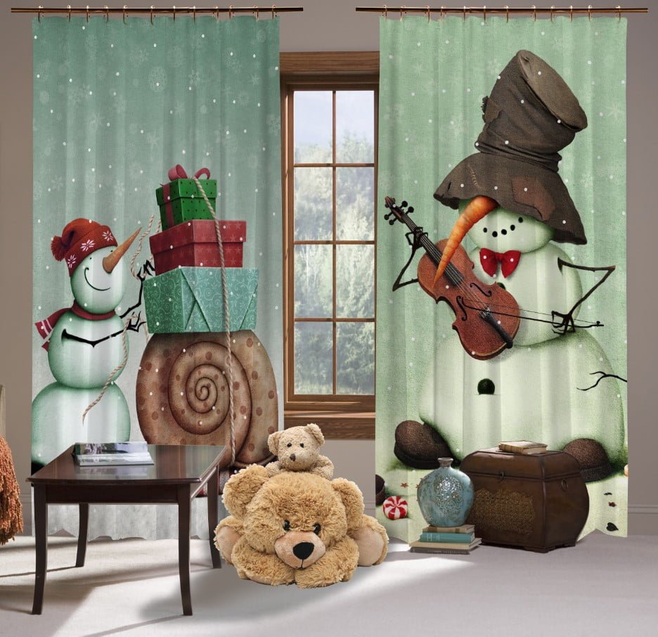 Штори з 3D принтом на тему:Сніговики зі скрипкою та подарунками