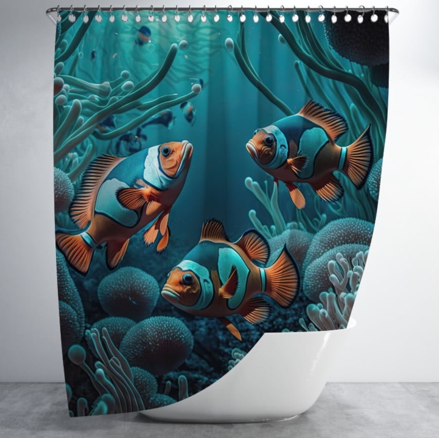 Штора для ванної з 3D принтом Рибки клоун у коралах _02