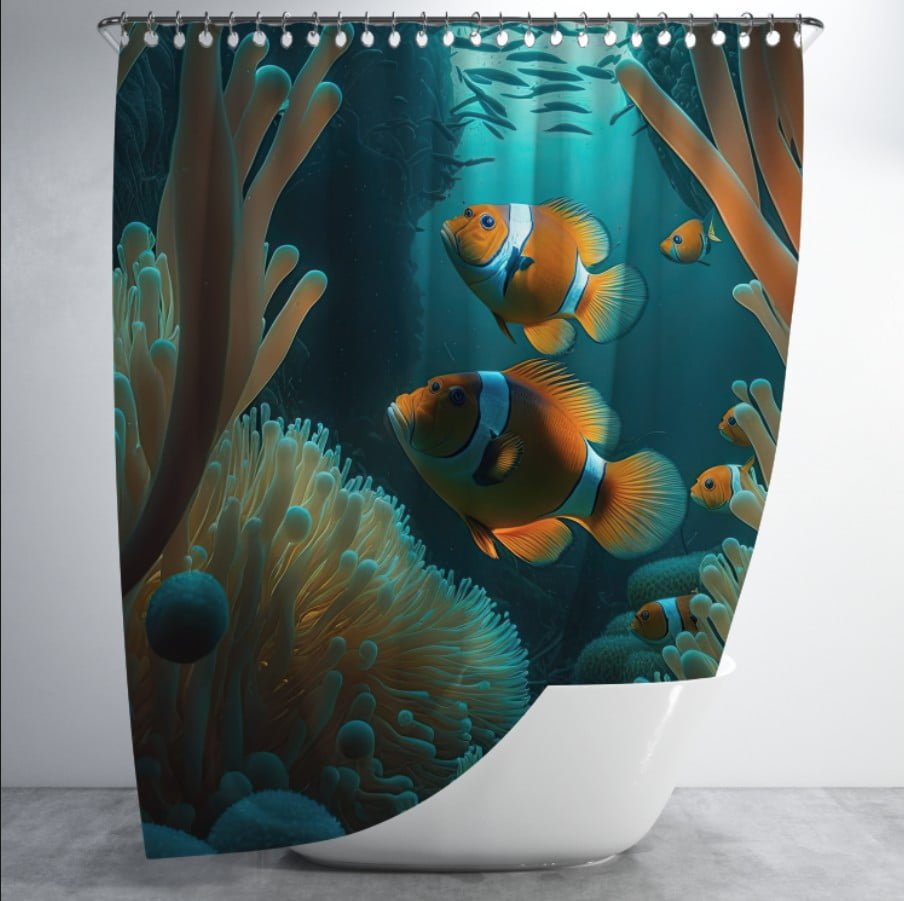 Штора для ванної з 3D принтом Рибки клоун у коралах _03