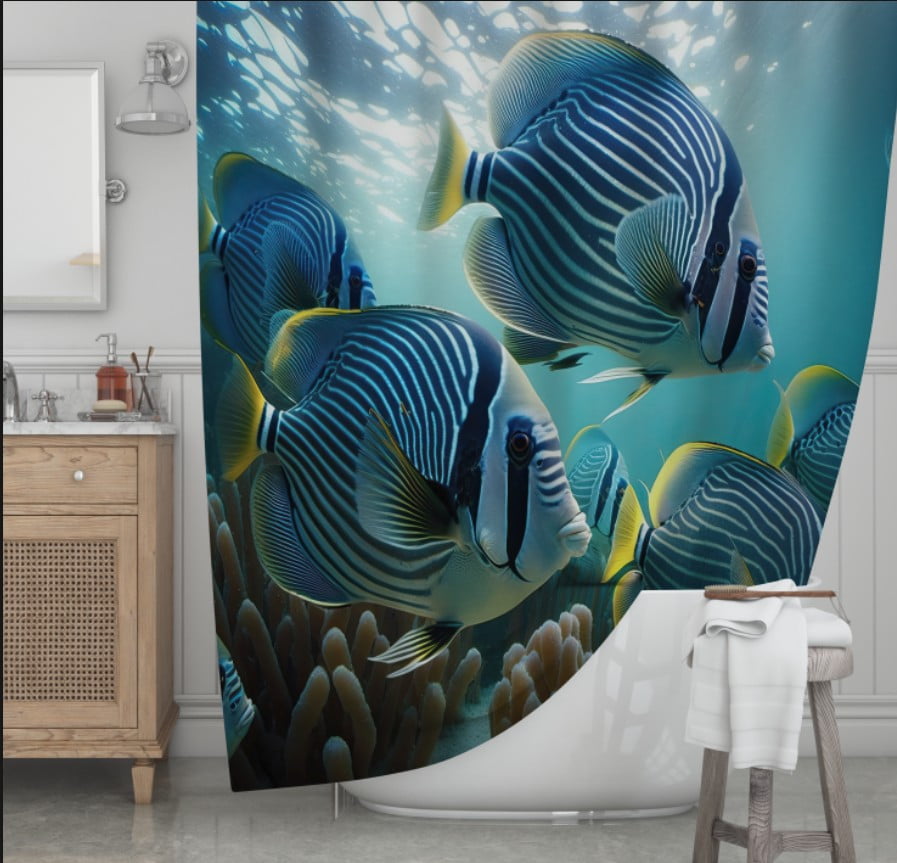 Штора для ванної з 3D принтом смугасті риби у коралах_01