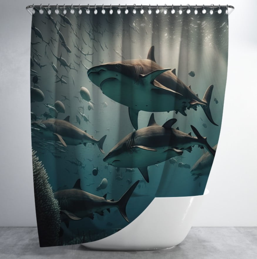 Штора для ванної з 3D принтом зграя хижих акул_02