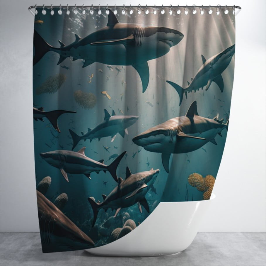 Штора для ванної з 3D принтом зграя хижих акул_04