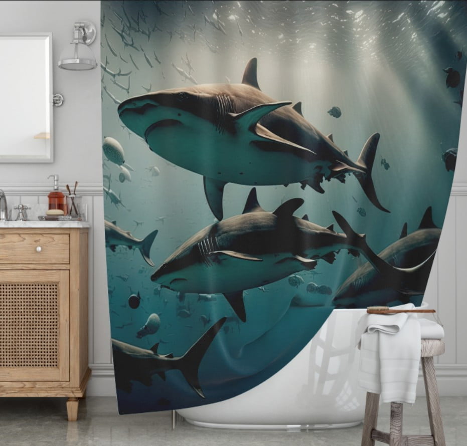 Штора для ванної з 3D принтом зграя хижих акул_06