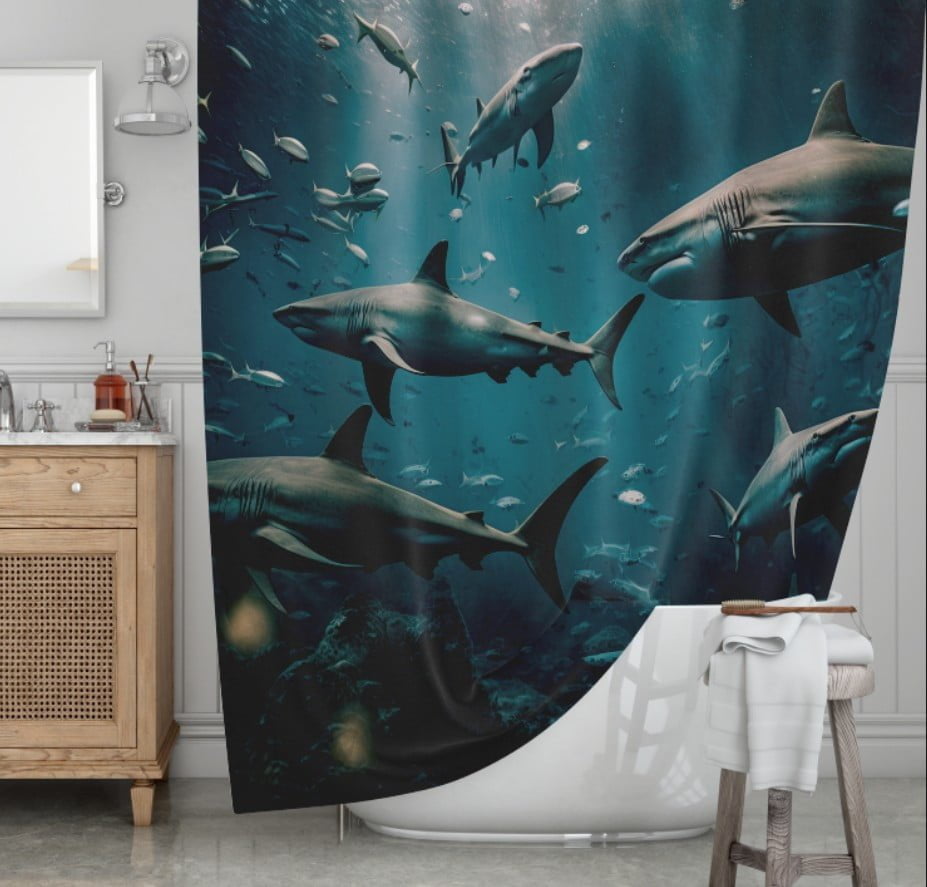 Штора для ванної з 3D принтом зграя хижих акул_07