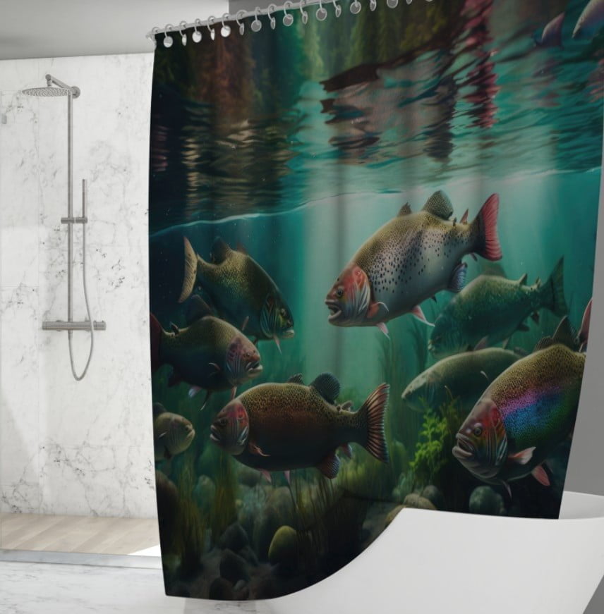 Штора для ванної з 3D принтом косяк загадкових риб_90