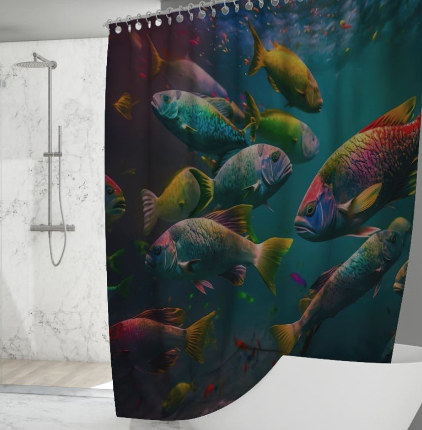 Штора для ванної з 3D принтом зграя різнобарвних риб_01