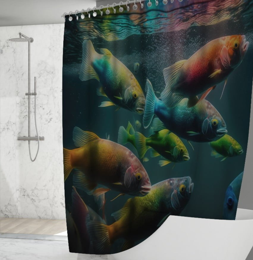 Штора для ванної з 3D принтом зграя різнобарвних риб_02