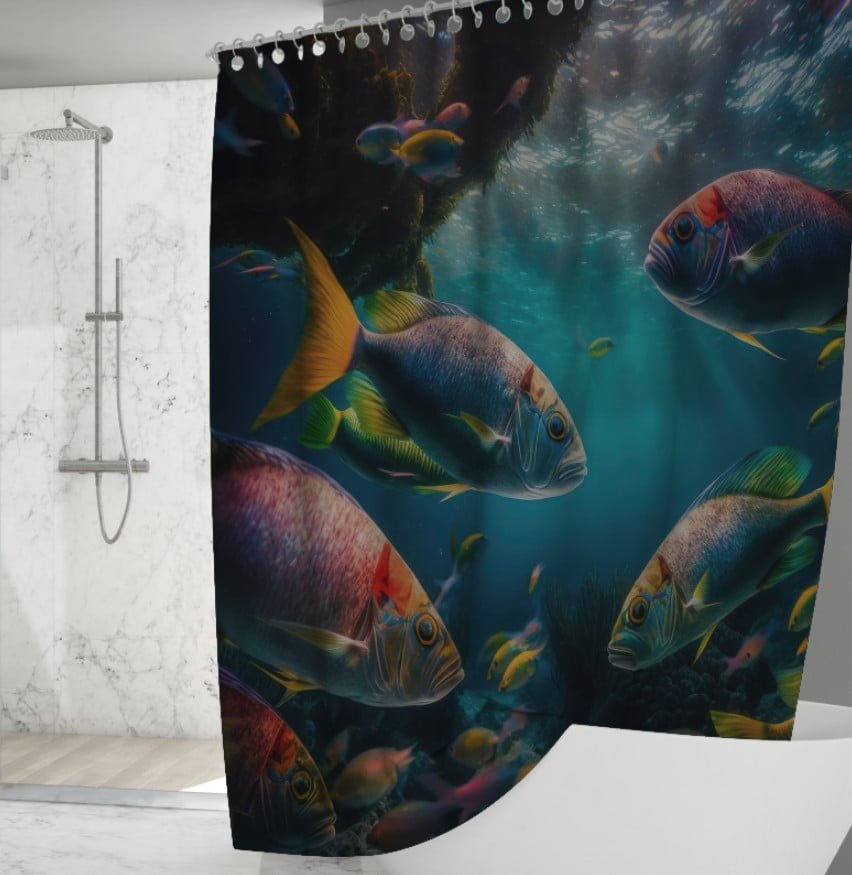 Штора для ванної з 3D принтом зграя різнобарвних риб_03