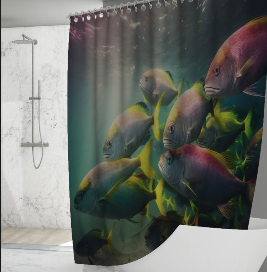 Штора для ванної з 3D принтом зграя різнобарвних риб_04