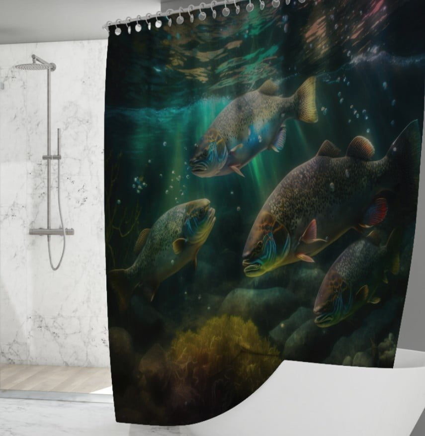 Штора для ванної з 3D принтом зграя різнобарвних риб_05