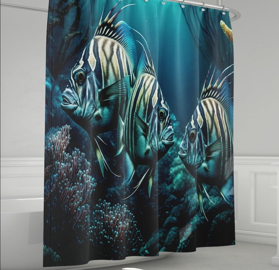 Штора для ванної з 3D принтом смугасті риби у коралах_02