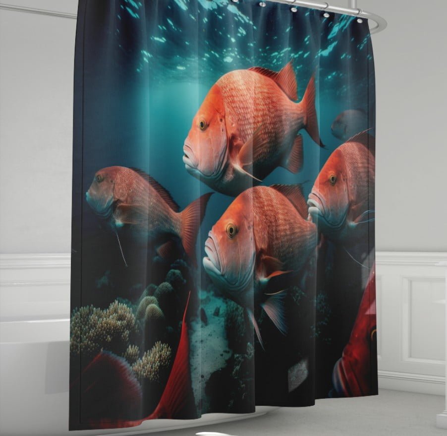Штора для ванної з 3D принтом червоні тихоокеанськи риби_03