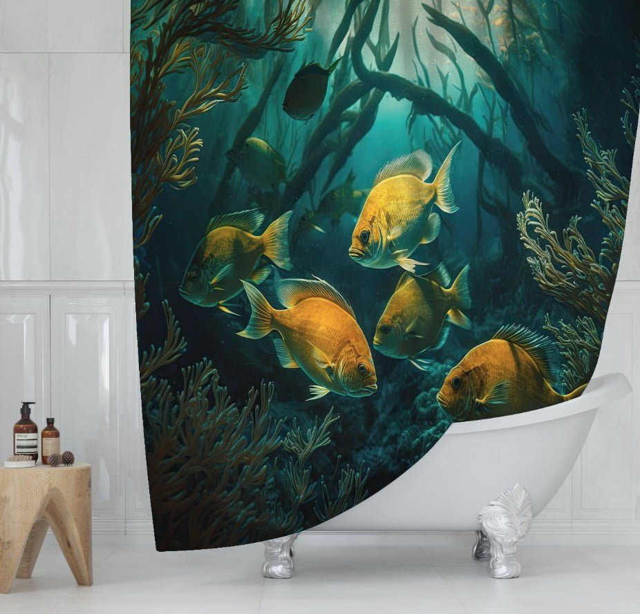 Штора для ванної з 3D принтом кольорові екзотичні риби_04
