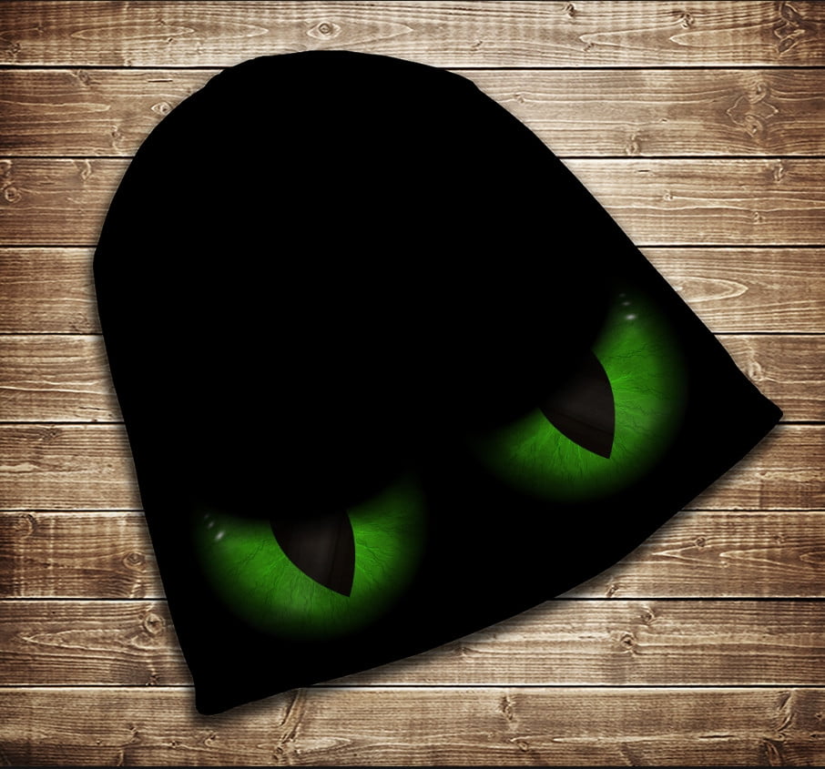 Шапка з 3D принтом на тему Хеловін. Зелені очі на чорному тлі. Усі розміри та сезони