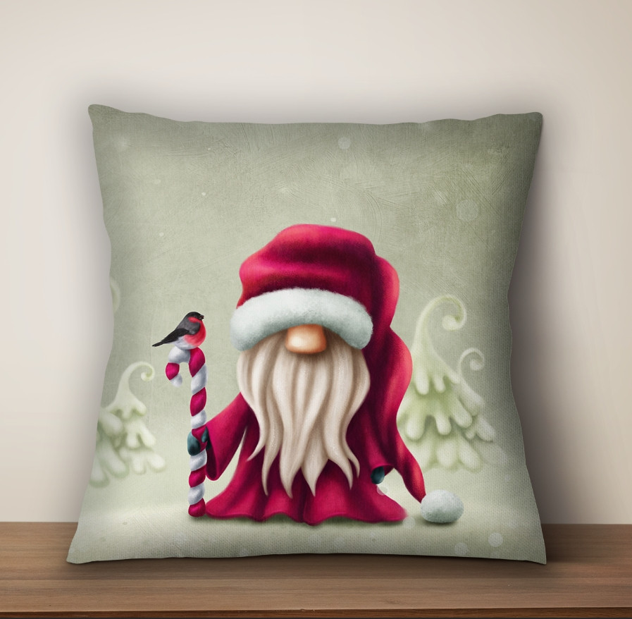 Подушка з новорічним принтом Санта Клаус гном