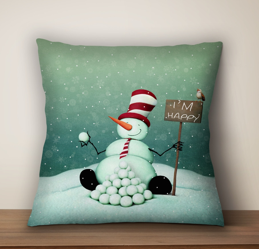 Подушка з новорічним принтом Сніговик зі сніжками