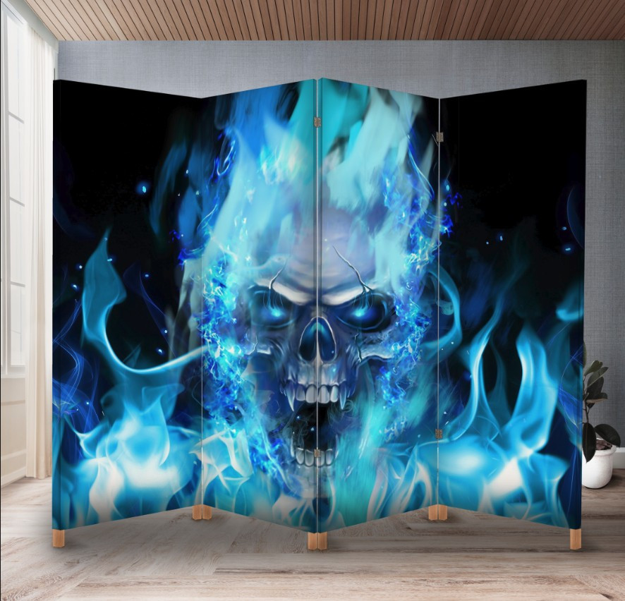 Декоративний екран (ширма) з принтом Череп в синьому вогні