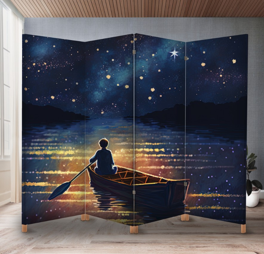 Декоративний екран (ширма) з принтом Хлопчик в лодці на фоні нічного неба