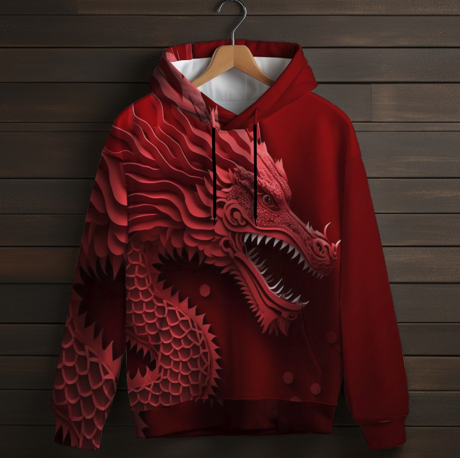 Толстівка-кенгуру (толстовка) з 3D принтом Китайський дракон на червоному фоні